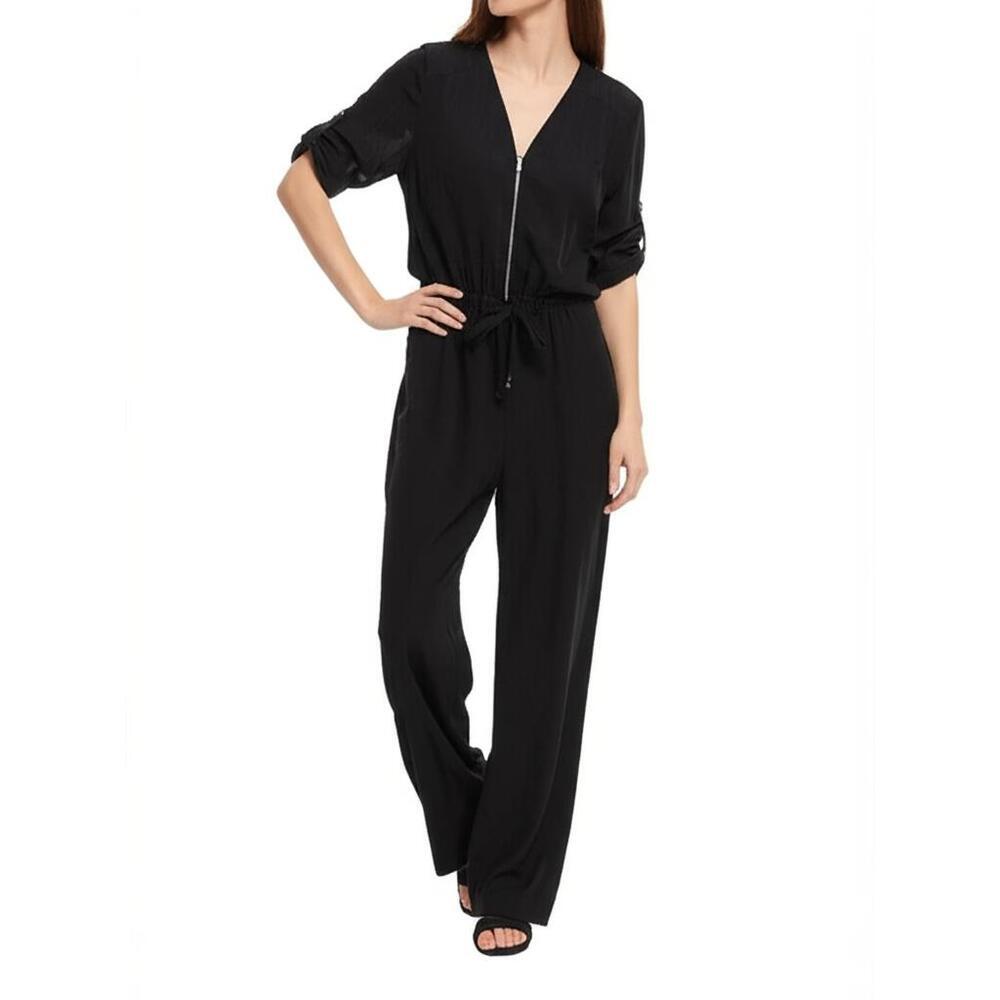 NWT DKNY Black Front Zipper Drawstring Waist Roll Jumpsuit One Piece Size 6